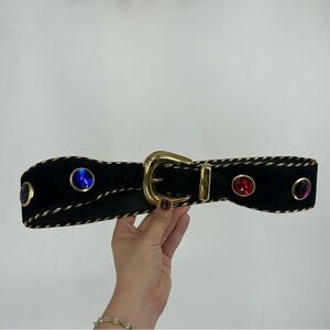 Vintage 70s Alden Howard Suede Rainbow Jewel Belt Gold Black Art Deco Mod Gogo